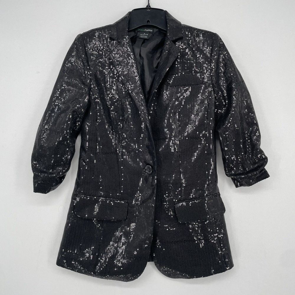 Gracia Black Sequined Jacket Gathered Sleeve Blazer Size Small Festive‎ Basic